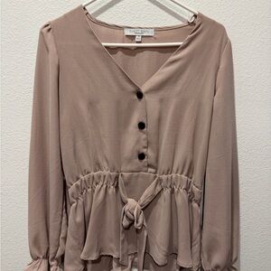 Sweet Rain Mauve-Taupe Long Sleeve V-Neck Peplum Top
